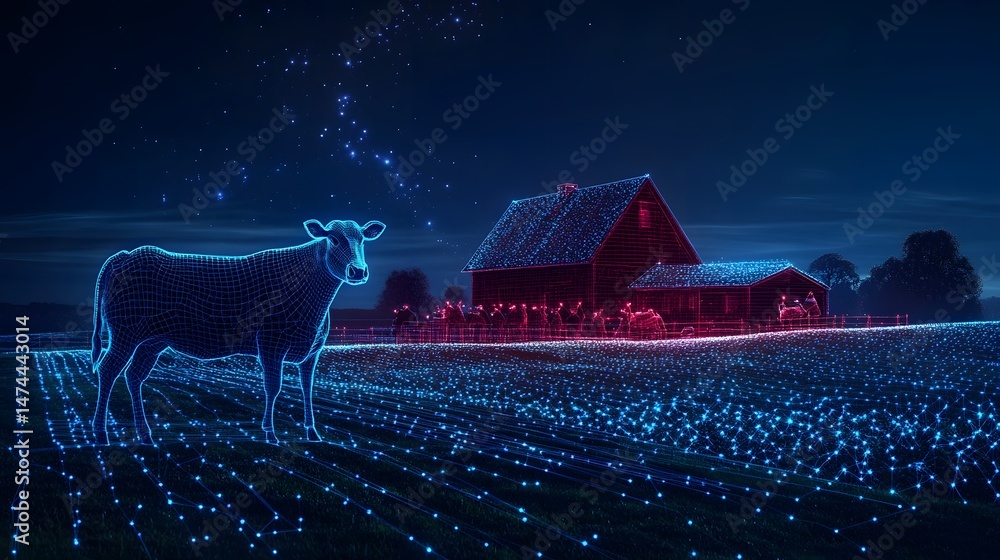 Aufkleber futuristic farm scene with a wireframe cow and barn under a starry night. digital grid field and abs