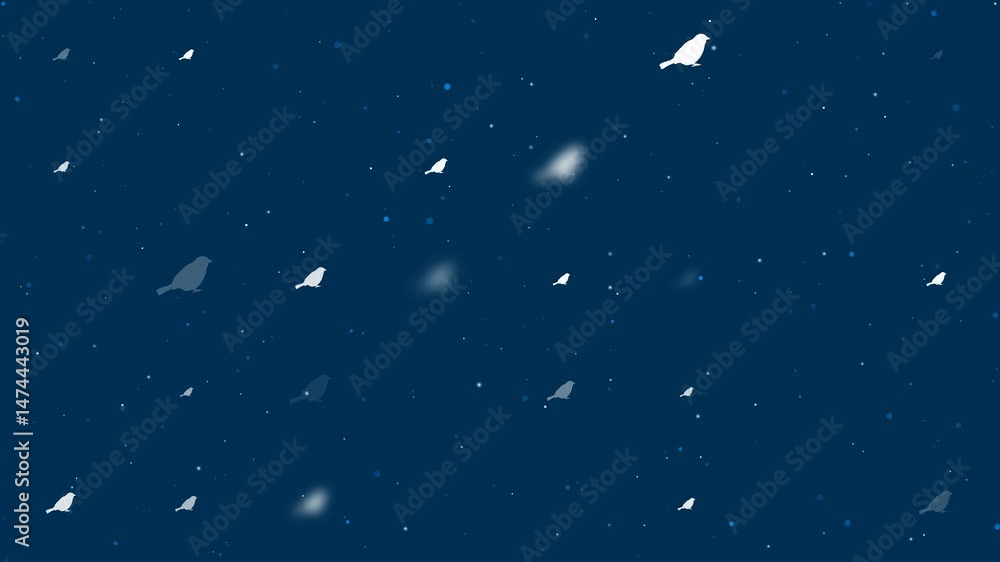 Poster template animation of evenly spaced bird sparrow symbols of different sizes and opacity. animation o