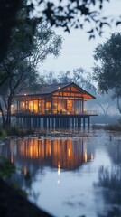 Fototapeta premium Tranquil wooden cabin on a serene lake at dawn
