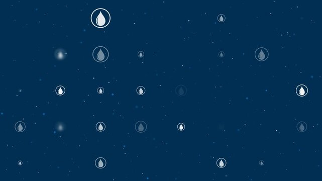 Template animation of evenly spaced a drop of oil symbols of different sizes and opacity. Animation of transparency and size. Seamless looped 4k animation on dark blue background with stars