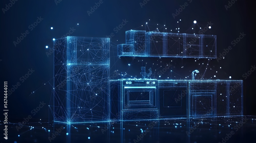 Aufkleber Futuristic kitchen concept featuring wireframe appliances. Holographic design showcases a modern, technological space. Ideal for architecture & tech visuals. Abstract wireframe in dark blue