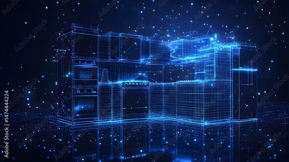 Aufkleber futuristic kitchen design showcased through a blue wireframe rendering. features modern appliances c