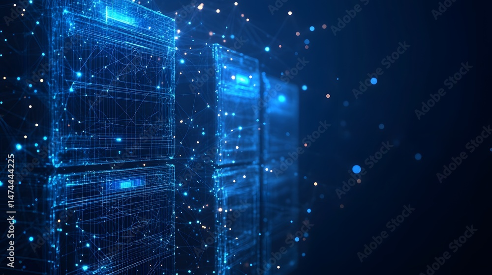Poster Abstract wireframe server racks glow in the dark blue, visualizing data networks and advanced technology. A vast network suggests connectivity and processing power. Abstract wireframe in dark blue.
