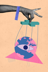 Art image trendy pop zine photo collage of human hand show earth eyeball esoteric symbol freemason...