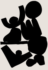 Minimalist contemporary art black cutout shapes and figures on a light beige background, arranged in a balanced and modern layout. Vector poster design