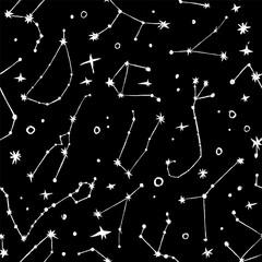 Constellation space galaxy vector seamless pattern. Dark zodiac magic bohemian design