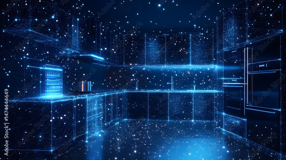 Aufkleber futuristic kitchen concept rendered with glowing blue lines against a dark backdrop. features digita