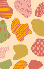 Abstract modern art cutout shapes in pink, green, yellow, and orange with patterns like stripes, dots, and checkerboards. Vector home decor poster design.