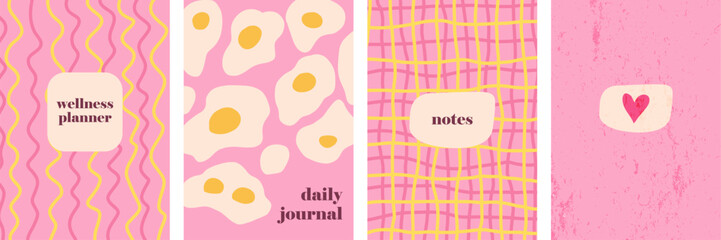 Vector hand-drawn minimalist cover templates with pastel pink/yellow tones, wavy lines, hearts, and eggs. Trendy, playful designs for social media, stationery, and branding