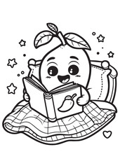 Coloring book mango reading a book in bed under the stars. A cozy and sweet nighttime scene