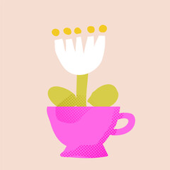 Vector paper cutout flat teacup with abstract flowers bouquet in pastel tones, featuring halftone texture and collage style. Minimalist hand drawn illustration for posters, invitations, and web design