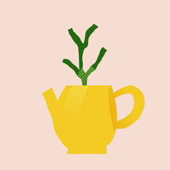 Vector paper cutout flat teapot with abstract flowers bouquet in pastel tones, featuring halftone texture and collage style. Minimalist hand drawn illustration for posters, invitations, and web design