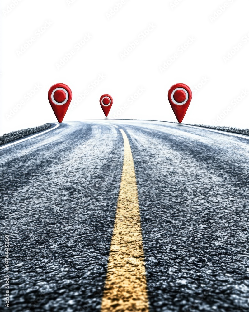 Poster road with red location pins perspective view on asphalt surface with yellow line in center location 