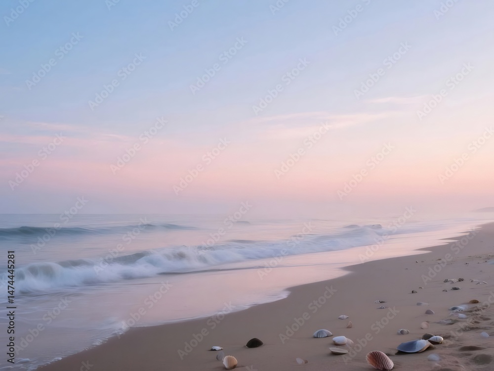 Poster 穏やかな淡い夕焼け色の空が海岸の砂浜に広がる美しい風景 打ち寄せる波と散らばる貝殻