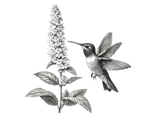 Hummingbird Mint flower vintage engraving, botanical sketch art, old engraving style, trendy floral print, nature decor, hummingbird mint, black sketch, floral decoration, antique art © Vintage Studio
