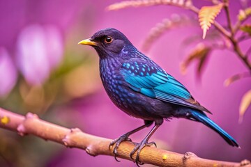 Obraz premium Adorable Blue Whistling Thrush Bird in Miniature Tilt-Shift Photography