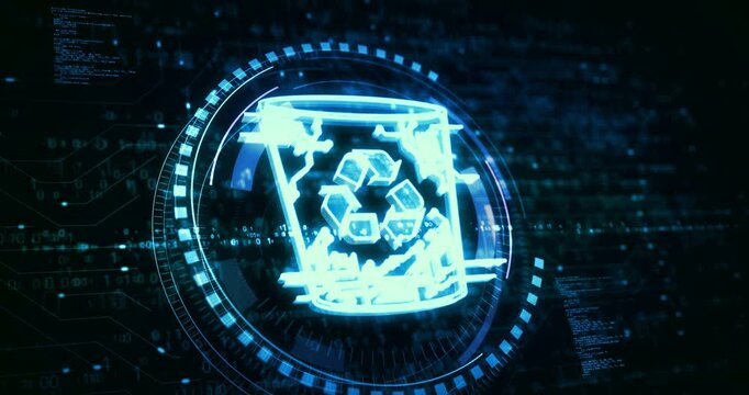 Trash waste management and delete bin symbol digital concept. Cyber technology and computer background abstract 3d.