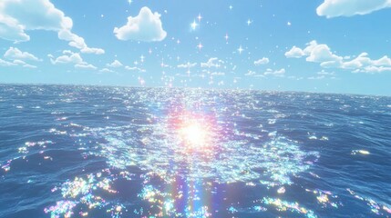 Radiant ocean surface with sparkling water and clouds.