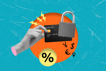 Modern art collage art depicting a hand holding a credit or debit card with lock.