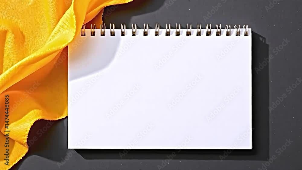 Aufkleber spiral-bound notebook empty page placed dark surface. to left of notebook there bright orange fabric