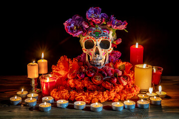 Skull with decor for the holiday Day of the Dead. Dia de los Muertos altar surrounded by ornamented...