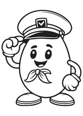 Coloring book mango with a captain's hat giving a salute. A cute and friendly scene