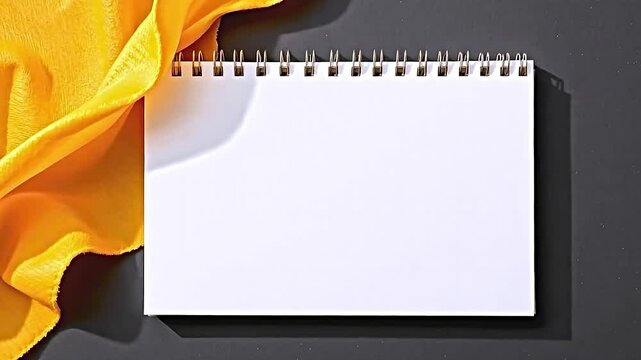 spiral-bound notebook empty page placed dark surface. To left of notebook there bright orange fabric which appears to draped slightly crumpled. notebook's pages blank suggesting it ready...