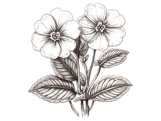 Hand-drawn primrose botanical sketch, antique floral illustration, vintage black ink engraving, rustic garden art, nature-inspired flower print, old etching style artwork,