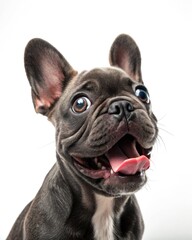 Fototapeta premium French bulldog puppy looks playful with wide eyes and tongue out in bright setting