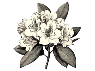 Vintage rhododendron flower engraving, rustic floral sketch, hand-drawn botanical bloom illustration, antique style black ink drawing, retro print motif, classic nature art,