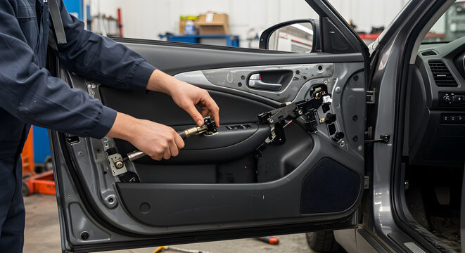 Car door repair service auto mechanic fixing vehicle interior panel maintenance and customization project
