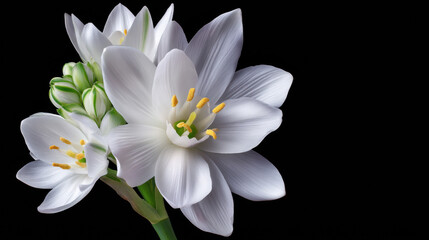 Fototapeta premium A striking studio shot showcases the delicate beauty of star-of-Bethlehem flowers, their pristine white petals highlighted against a stark black backdrop creating contrast.