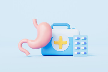 3d rendering medical stomach and medicine in blue background