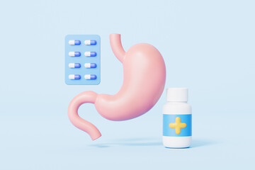 3d rendering medical stomach and capsule in blue background