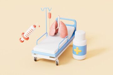 3d rendering medical lungs and syringe in yellow background