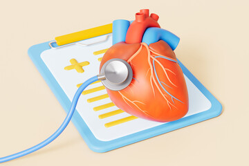 3d rendering medical heart and stethoscope in yellow background