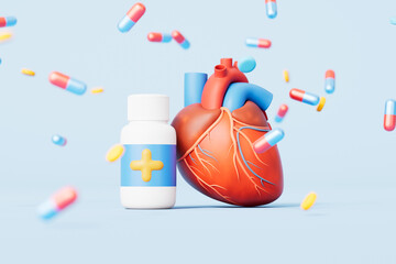 3d rendering medical heart and medicine in blue background