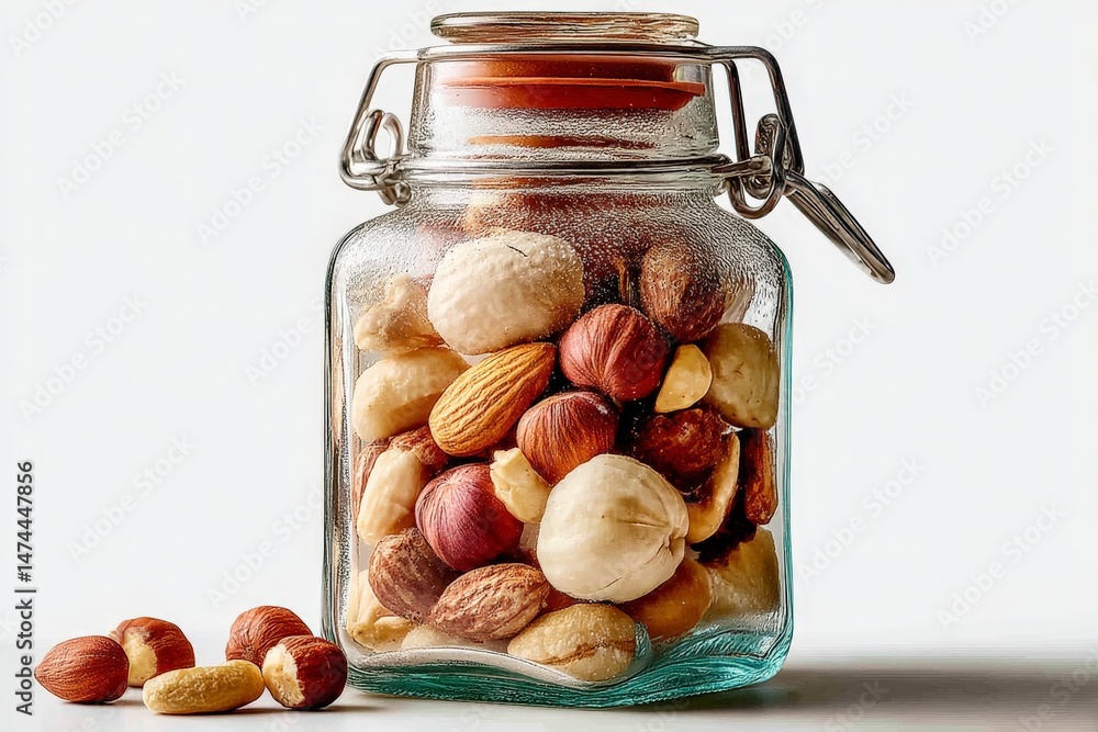 Poster jar filled with assorted nuts displayed on a light background, showcasing a variety of textures and 