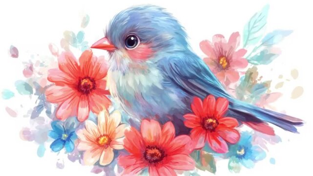 Small, fluffy blue bird with large, expressive eyes and a soft, rounded body perched amidst a cluster of colorful flowers