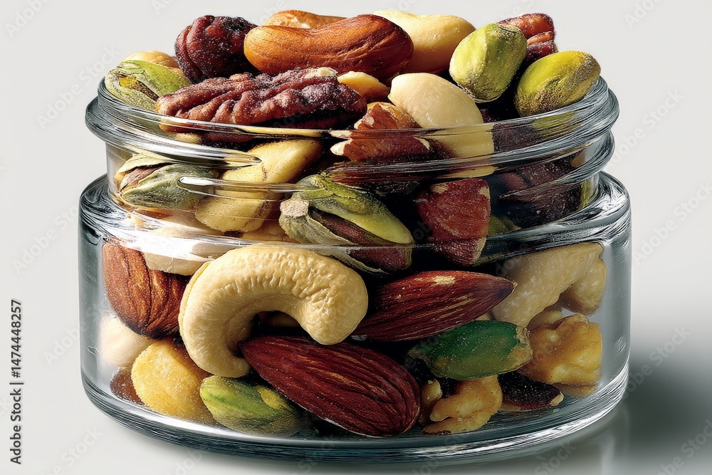 Poster nut mix jar filled with a variety of nuts showcased against a plain background
