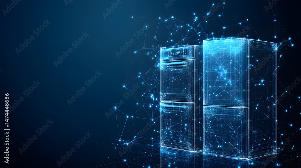 Poster Futuristic refrigerators glow with interconnected blue lines against a dark blue backdrop, suggesting advanced cooling technology. Abstract wireframe in dark blue.