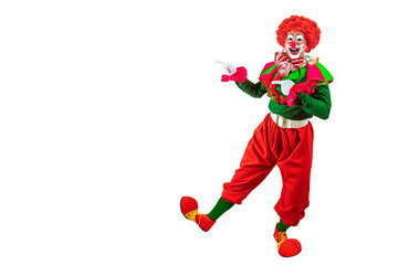 Funny clown pointing at blank template copy spase for advertising, posters, greetings, invitations....