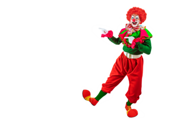 Funny clown pointing at blank template copy spase for advertising, posters, greetings, invitations. Entertainer as Joker in a suit and wig, with clown whiteface makeup.