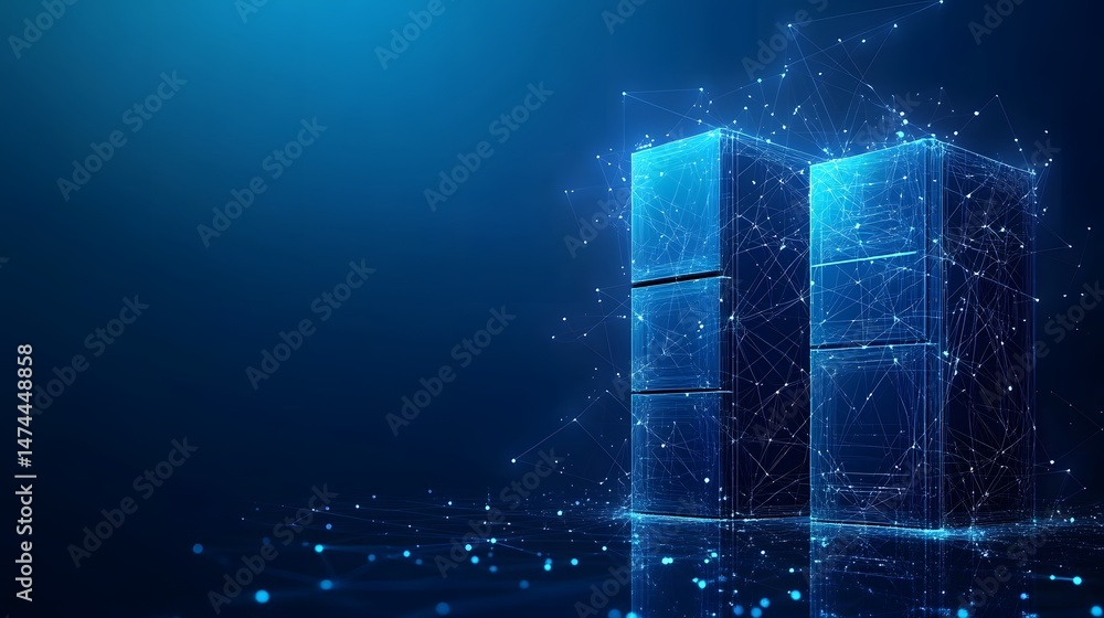 Poster Futuristic server racks glow in blue, symbolizing advanced tech. Interconnected lines suggest a vast digital network. Ideal for showcasing data and innovation. Abstract wireframe in dark blue.