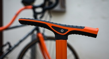 A bicycle with a black and orange handlebar sits next to another bicycle