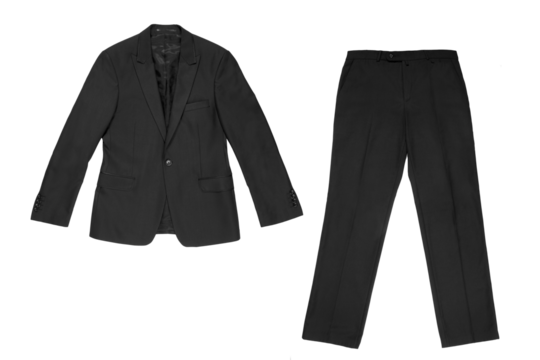 Classic fit classic men's suit, jacket, trousers, isolated background. Black color