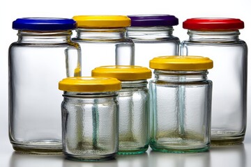 Colorful jars arranged in a creative display showcasing various sizes and vibrant lids in a bright setting