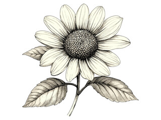 Antique botanical illustration, vintage engraving of woodland sunflower flower, hand-drawn floral sketch, rustic bloom print, trendy nature decor, engraved nature art, rustic illustration