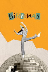 Collage of cheerful surprised person with disco ball background and festive birthday party celebration letters gifts flowers presents