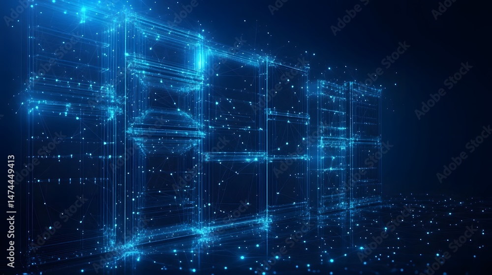 Poster Futuristic matrix of interconnected blue boxes against a dark blue backdrop. Represents advanced technology, data networks, and digital spaces. Abstract wireframe in dark blue.